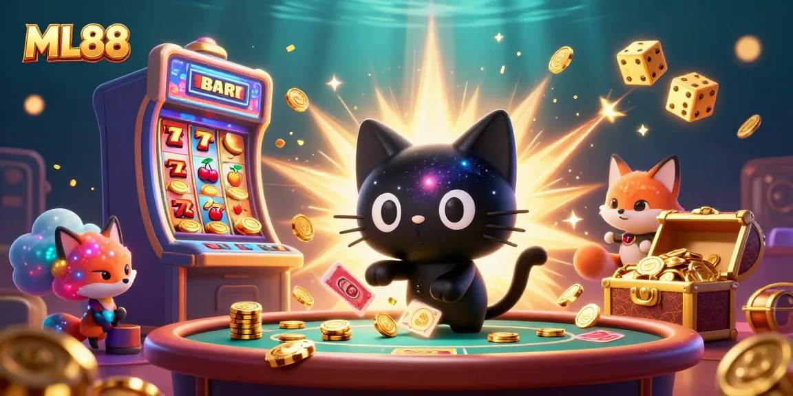 ML88's cosmic casino scene with a black hole cat, jackpot explosions, and vibrant game elements.