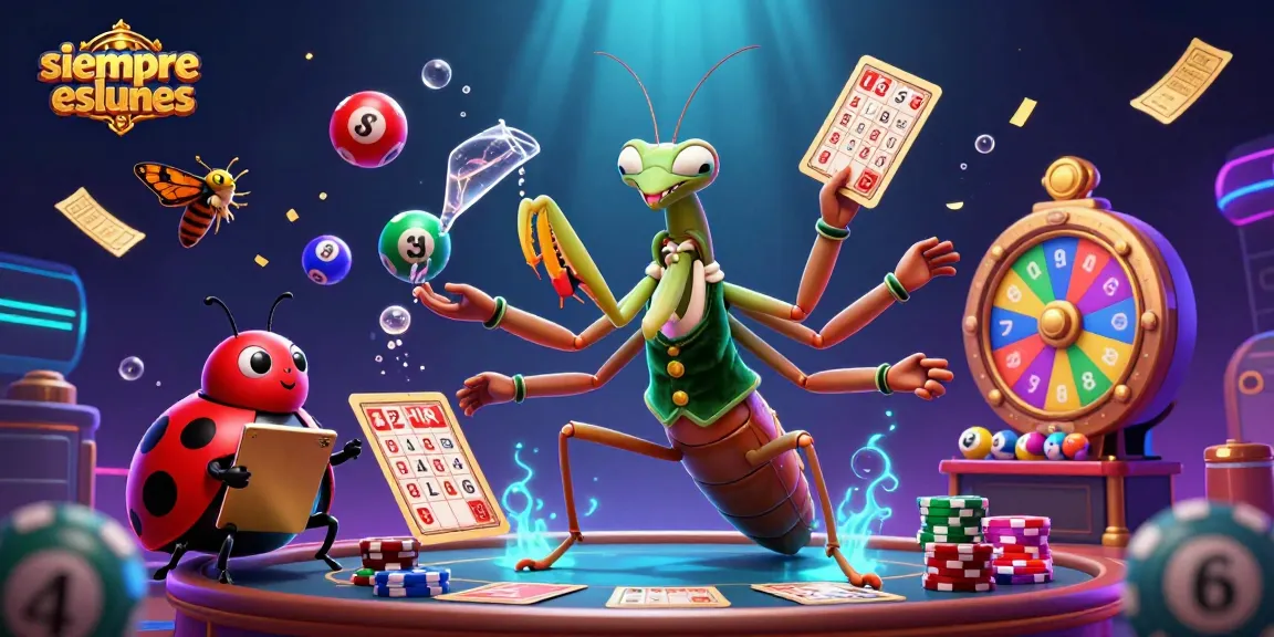 Engaging illustration of siempreeslunes, a praying mantis card sharp dealing cards and chips in a vibrant casino atmosphere.
