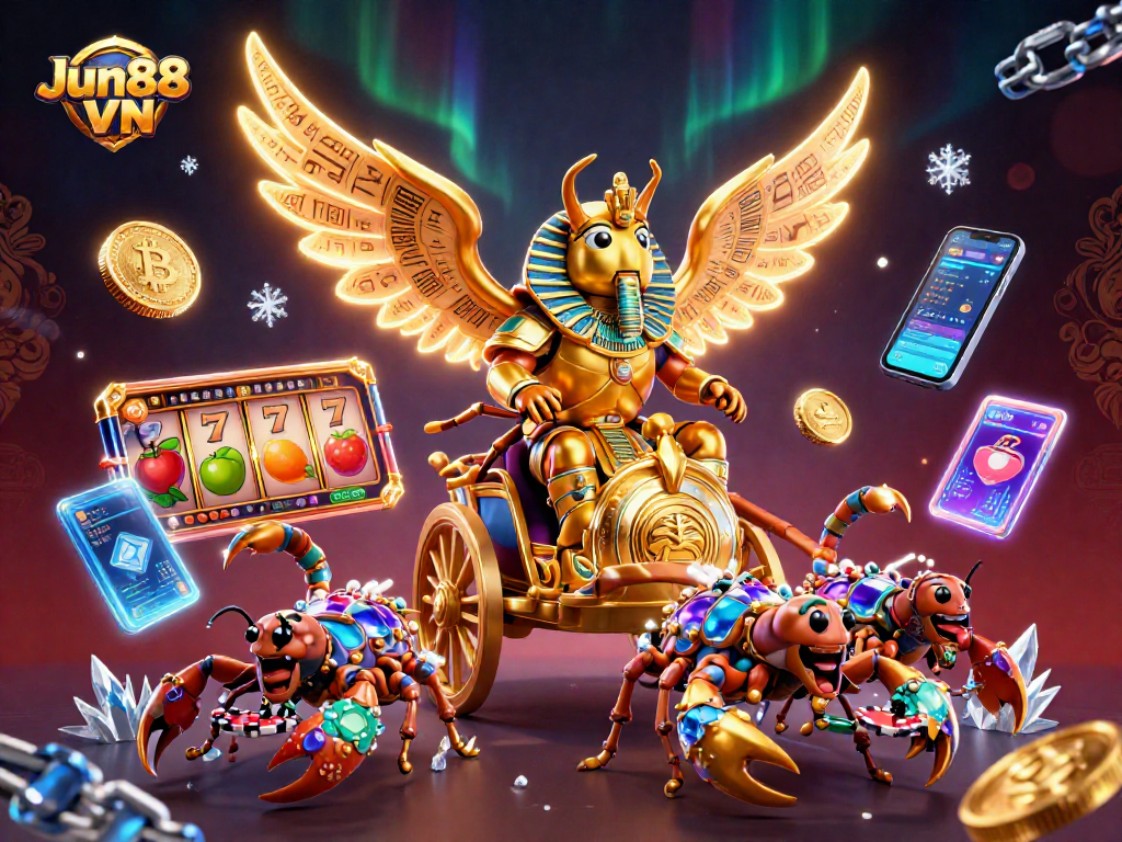Engage in thrilling slot games with Jun88 VN featuring vibrant reels and golden characters.