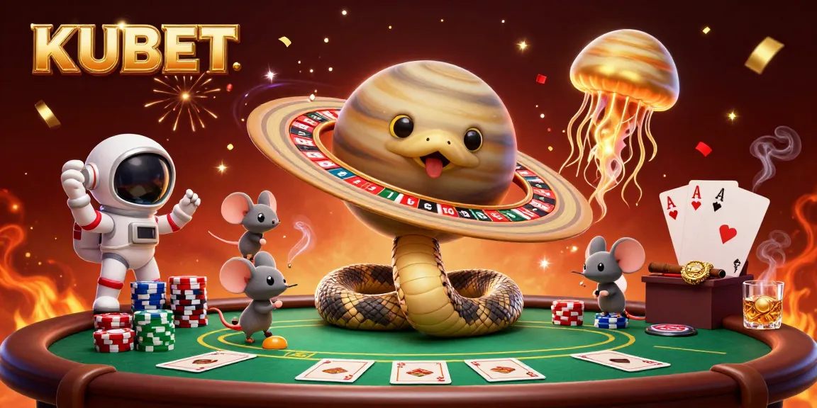 KUBET showcases a vibrant 3D casino scene with betting astronaut mice around a roulette wheel and cosmic dealer.