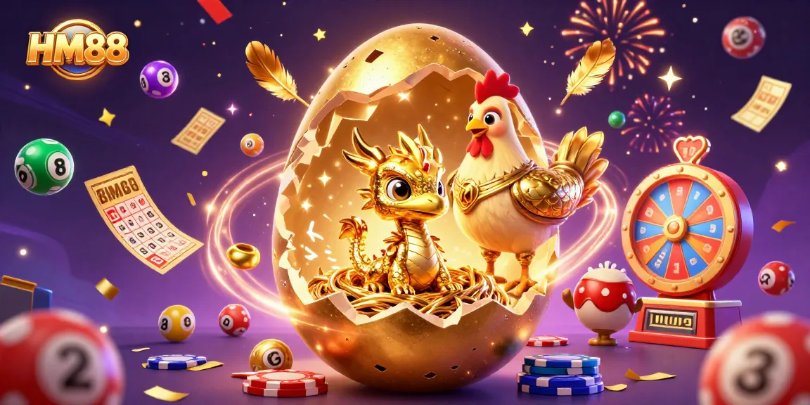 Engage with HM88's thrilling casino atmosphere featuring a golden dragon amidst vibrant gambling elements.