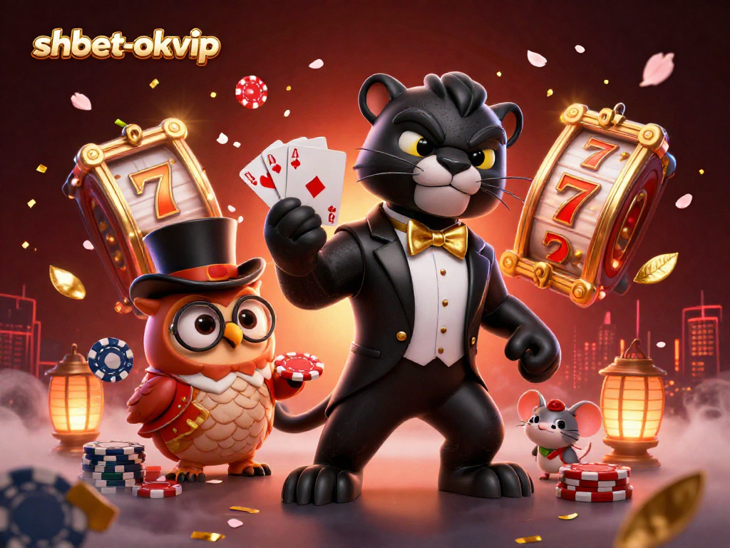 Engaging scene with shbet-okvip showcasing a stylish panther dealing cards amidst vivid casino elements.