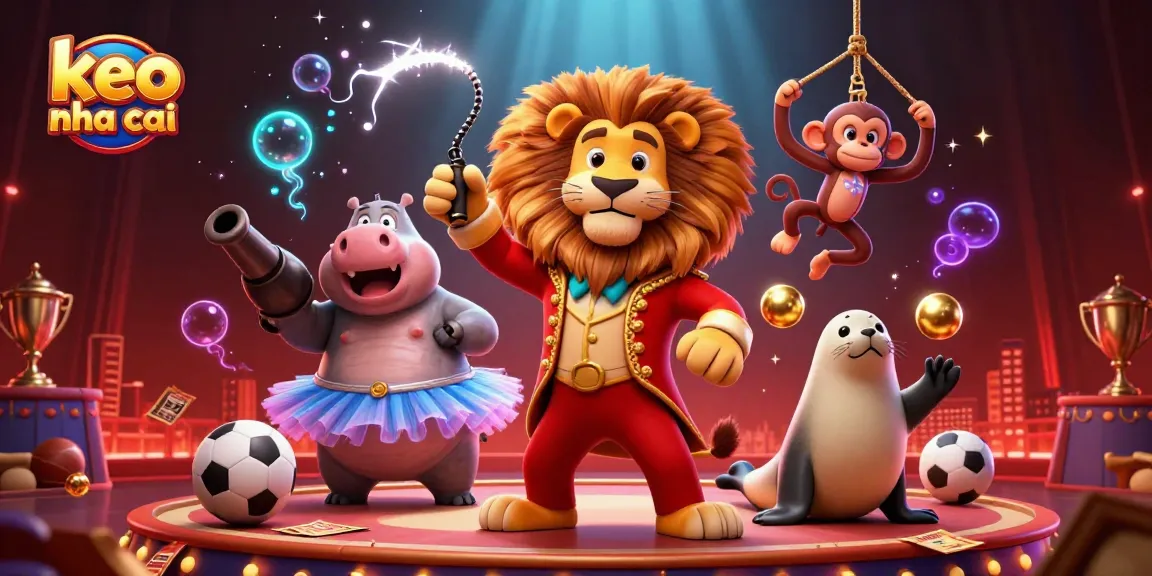 Place your bets with keo nha cai, featuring vibrant circus characters in an energetic casino scene.
