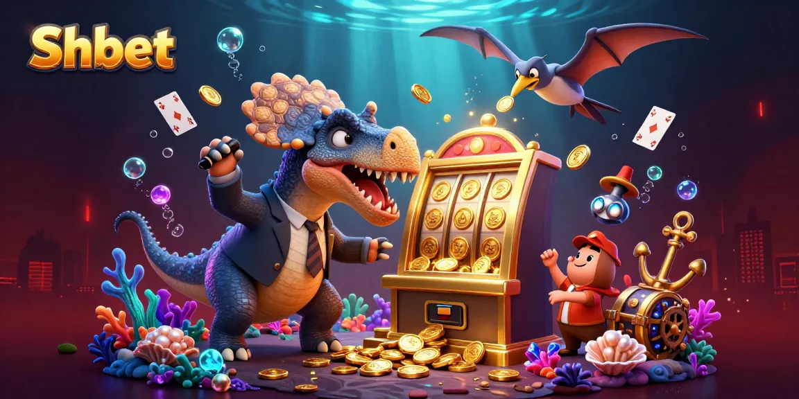 Experience hitting jackpots at Shbet with a lively casino illustration of a dinosaur-themed gaming adventure.