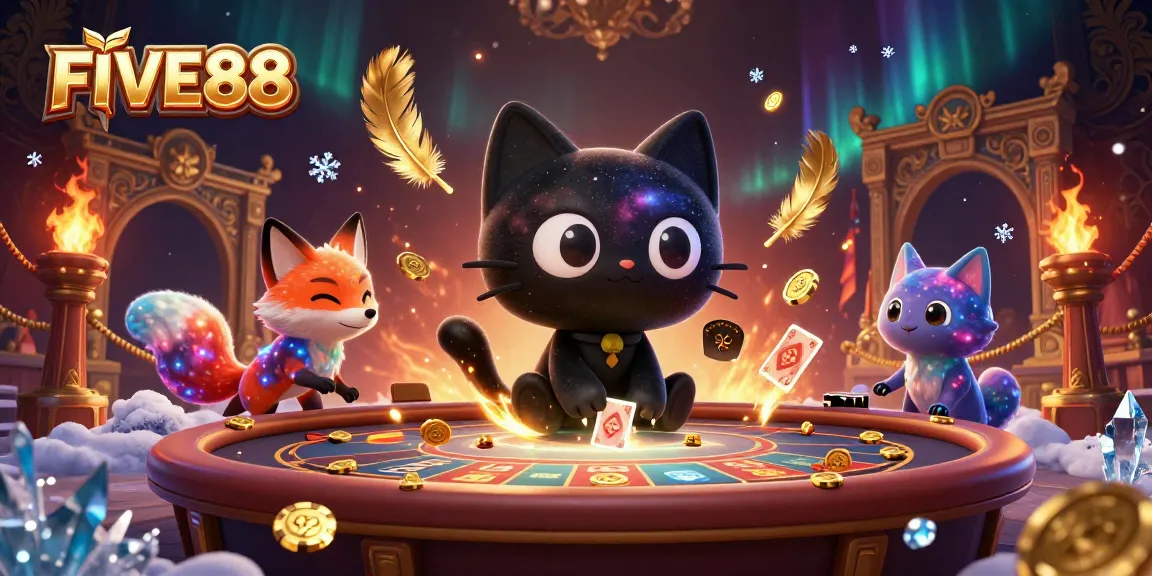 Experience the thrilling action at FIVE88 Casino with a cosmic gaming scene featuring a black hole cat and a gas cloud fox.