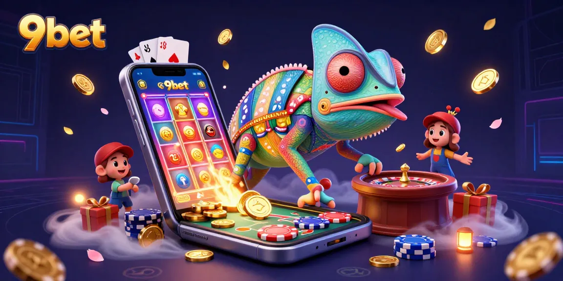 Engage in thrilling casino action with 9bet's vibrant chameleon mascot surrounded by games and gold.
