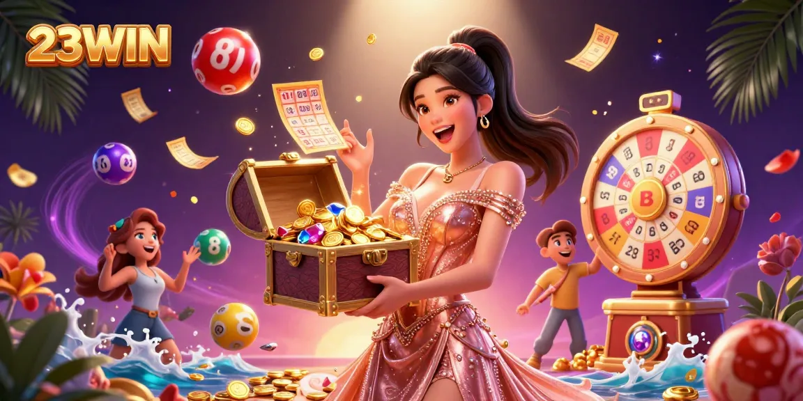 Experience the excitement at 23WIN with a treasure chest of riches and vibrant gaming elements.