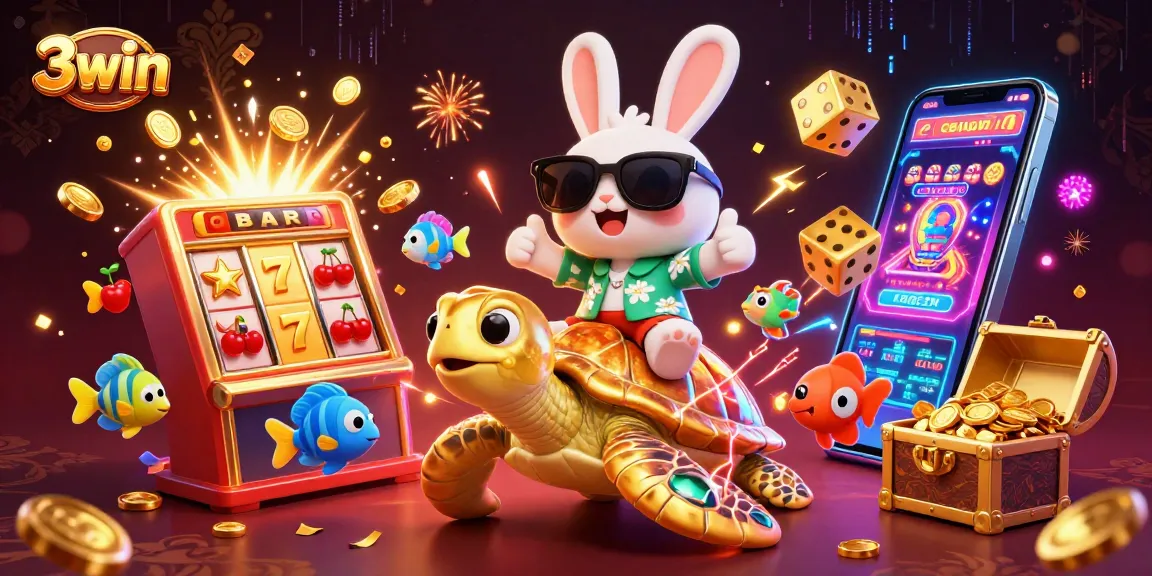 Engage with 3win's vibrant cartoon scene featuring a lucky rabbit and golden sea turtle excitedly surrounded by treasure and games.