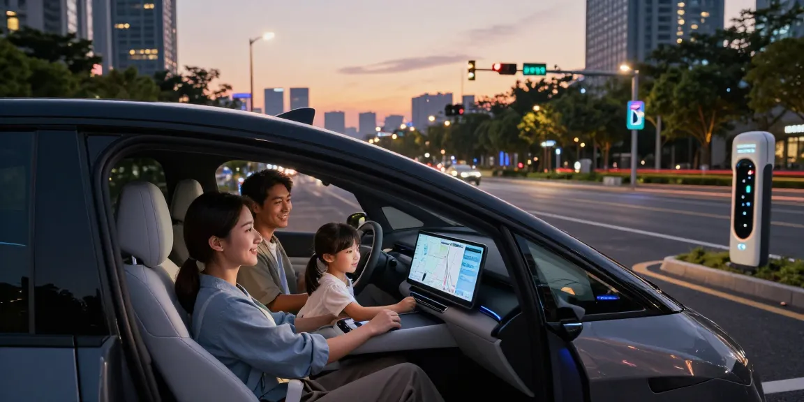 Futuristic autonomous driving vehicle in smart city with family enjoying ride