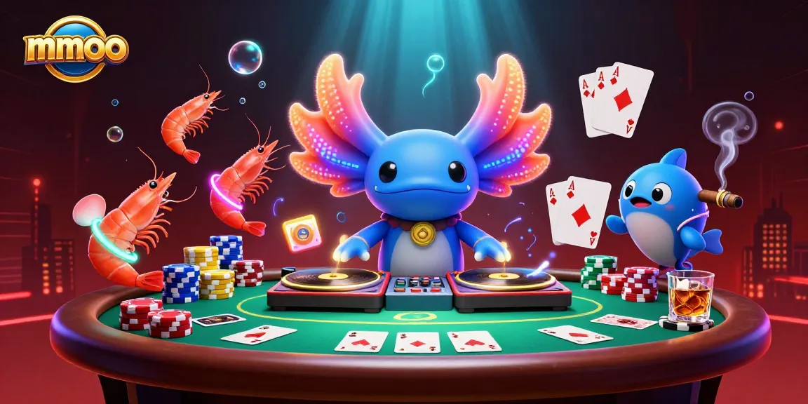 Experience vibrant action with mmoo's neon-decorated underwater DJ scene, showcasing poker excitement.