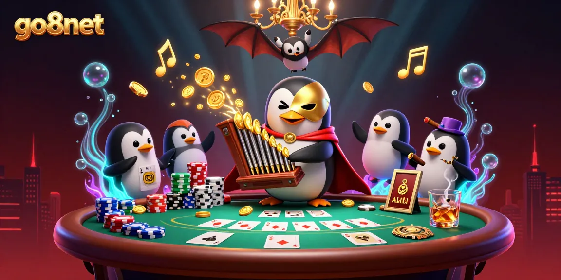 Experience excitement with go8net's thrilling gambling scene featuring a captivating 3D penguin and poker elements.