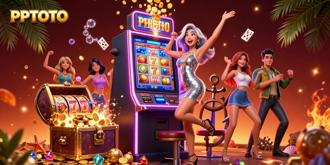 PPTOTO merayakan dengan pemenang jackpot di tengah elemen permainan slot yang dinamis dan dekorasi kasino yang berwarna-warni.