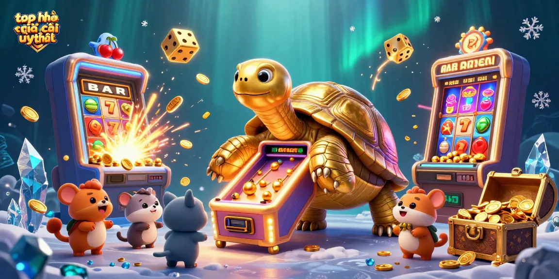 Experience the excitement of top nhà cái uy tín with a colossal golden tortoise and slot machine in a vibrant casino scene.