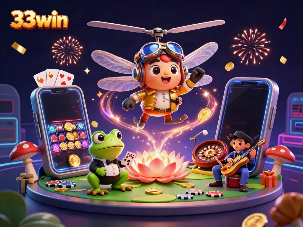 Celebrate wins with 33win at a vibrant lily pad casino featuring a dragonfly pilot and frog dealer.