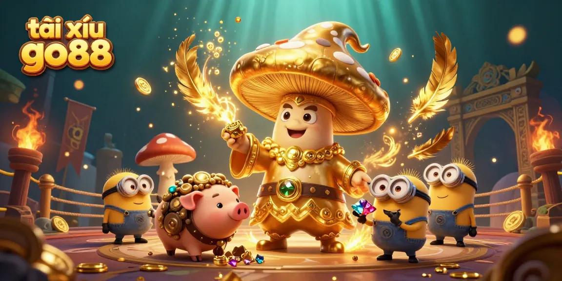 Tài xỉu go88 players engaging in treasure quests with a golden mushroom wizard and magical elements