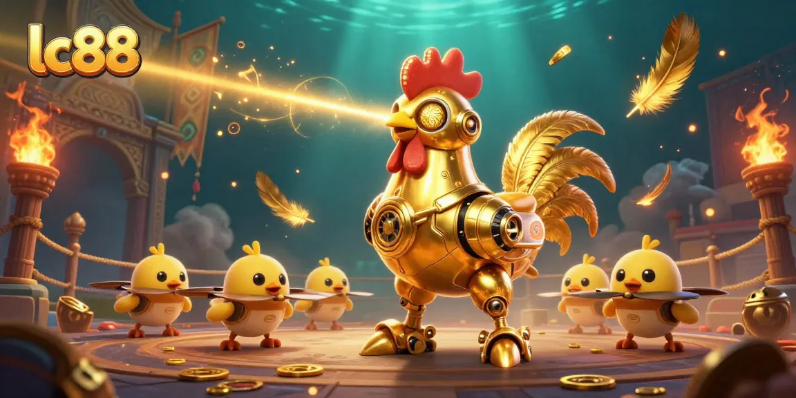 Engage with lc88's golden rooster robot in an exciting casino scene full of winning chances and vibrant details.