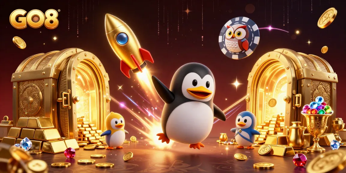 GO8 invites players to experience engaging casino adventures with a golden penguin navigating towards jackpot treasures.
