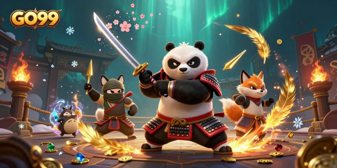 Engage with GO99's thrilling 3D casino adventure featuring cartoon samurai panda and ninja fox.