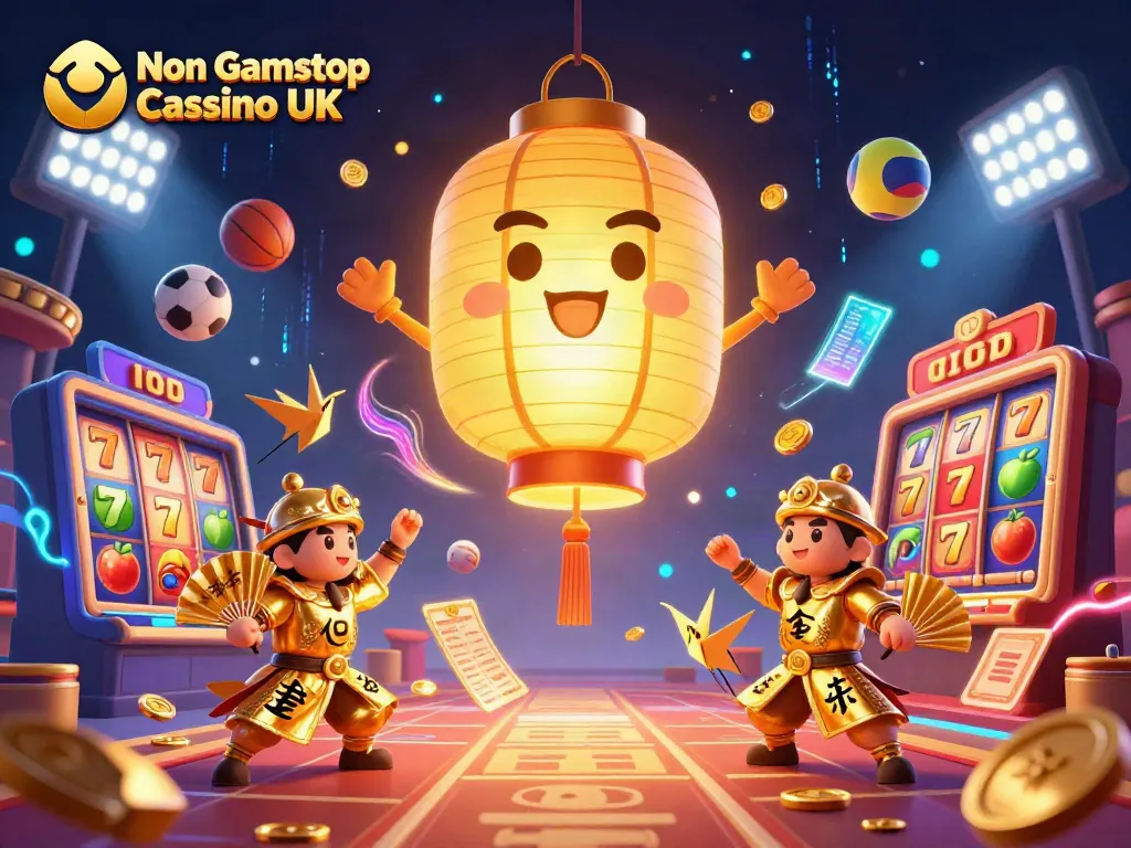 Experience the thrill of Non Gamstop Casino UK with a vibrant scene of gaming elements and lucky symbols in action.