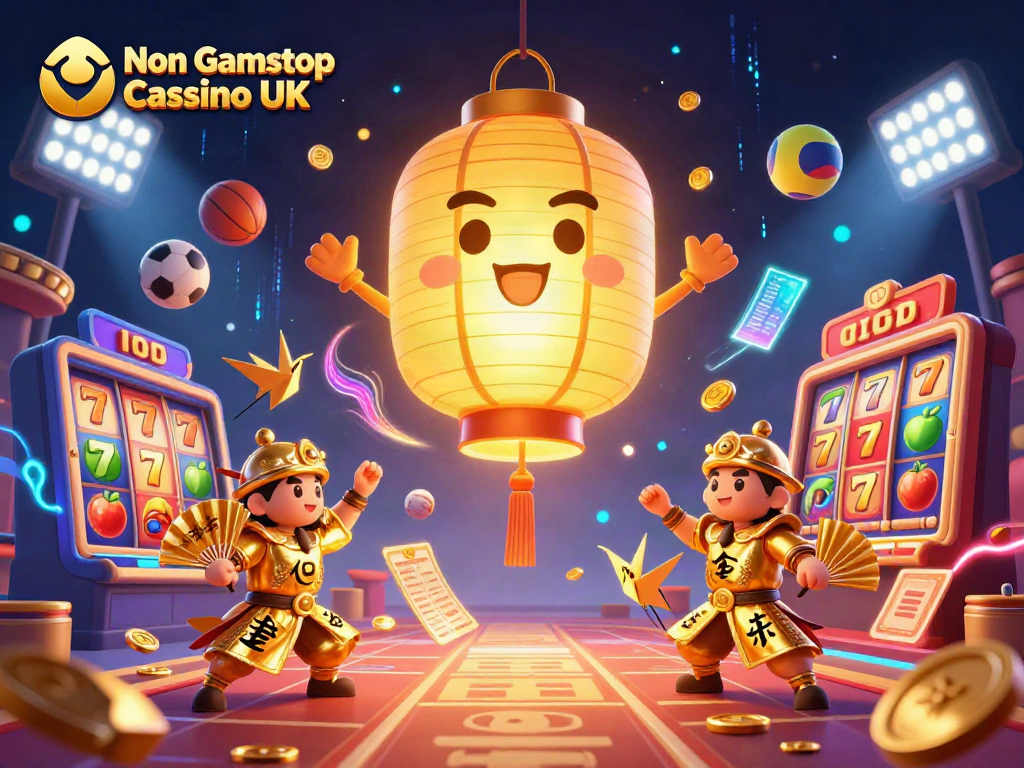 Experience the thrill of Non Gamstop Casino UK with a vibrant scene of gaming elements and lucky symbols in action.