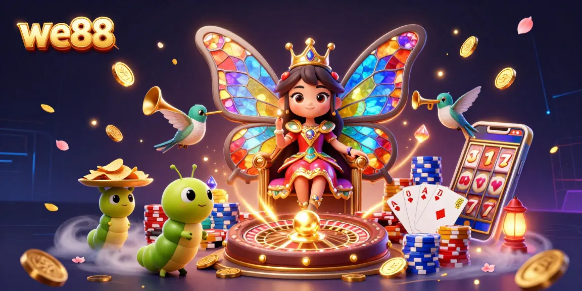 Experience the thrilling world of we88 with a dynamic 3D casino scene filled with colorful characters and exciting gameplay elements.