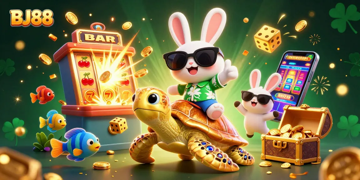 Experience the excitement of BJ88 with a colorful cartoon scene filled with casino action.