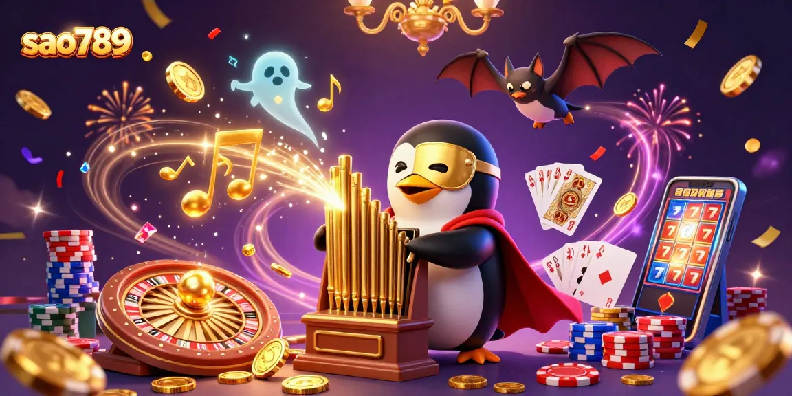 Experience the excitement of sao789 as a magical penguin plays for big wins amidst a cascade of coins and gems.