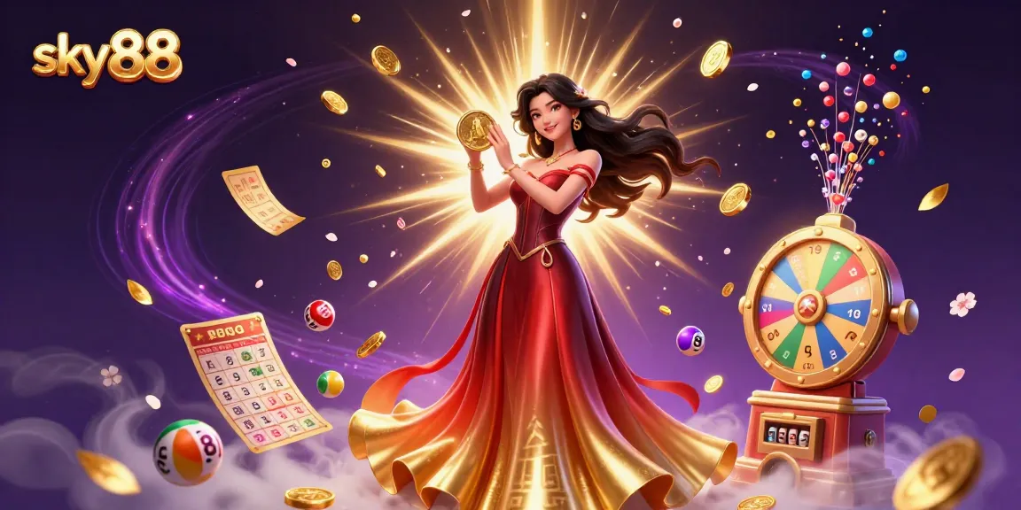 Experience thrilling gameplay at sky88 with dynamic elements like lottery balls and golden coins.