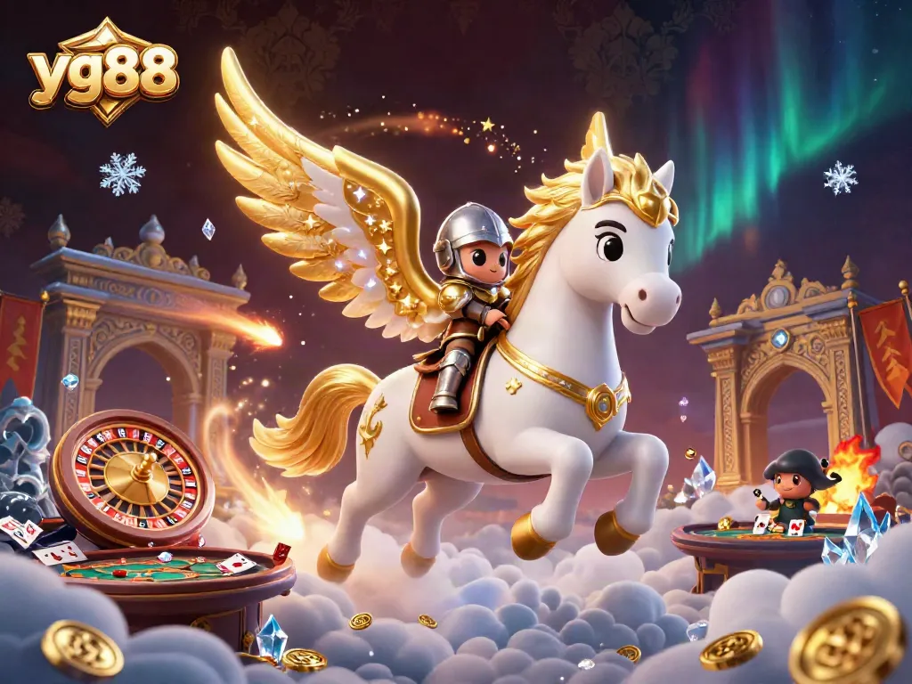 Engage with the thrilling world of yg88, featuring a celestial horse battling in a vibrant casino atmosphere.