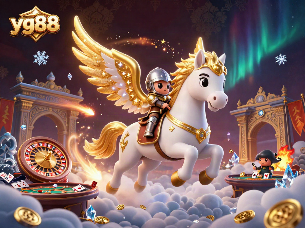 Engage with the thrilling world of yg88, featuring a celestial horse battling in a vibrant casino atmosphere.
