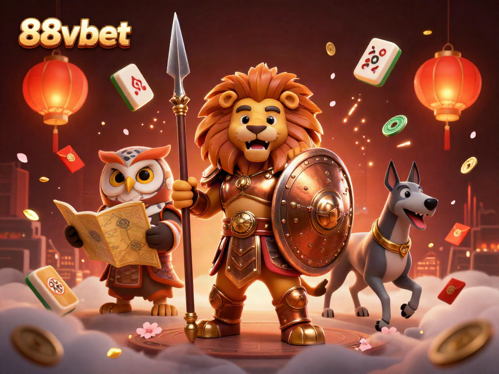 Engage with thrilling gameplay at 88vbet featuring a Spartan lion, owl strategist, and greyhound in an exhilarating casino scene.