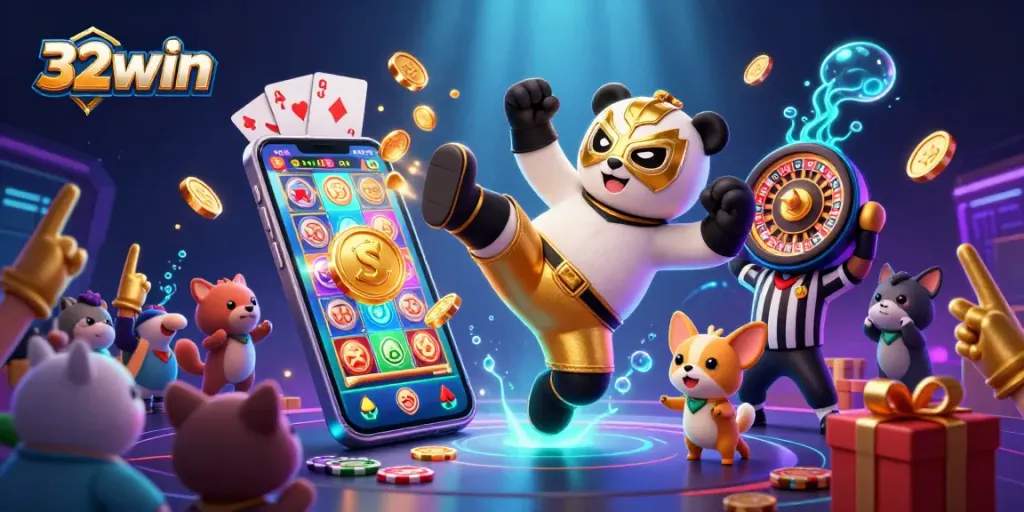 Experience non-stop excitement with 32win's dynamic scene of a wrestling panda triumphing in a casino.