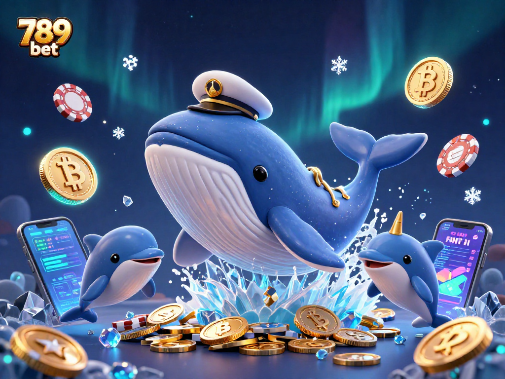 Experience the thrill of 789 bet with this vibrant 3D casino illustration featuring whales and playful dolphins.