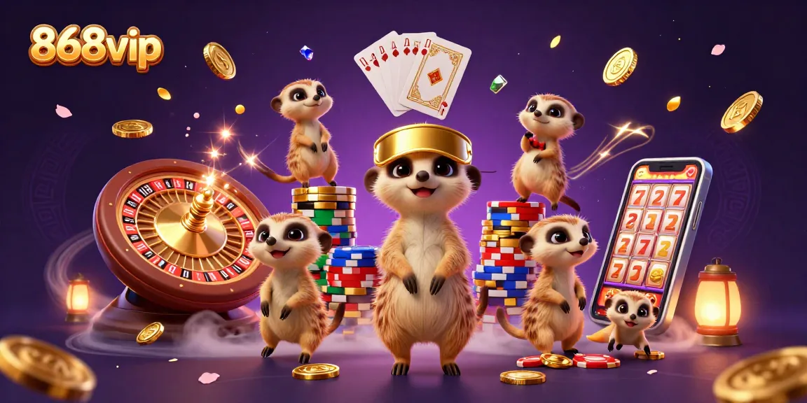 Experience thrilling gameplay at 868vip with engaging meerkat characters in a vibrant casino scene.