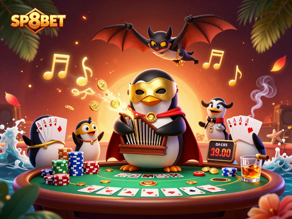 SP8BET showcases a lively gaming scene with a penguin and bat acrobats in a vibrant casino.