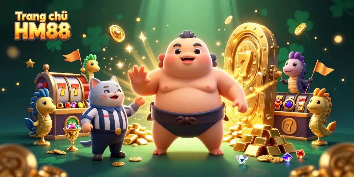 Engage with exciting games at Trang chủ HM88 featuring a lively 3D casino scene with vibrant characters and treasure.