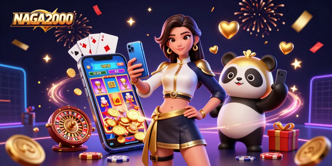 NAGA2000 menampilkan suasana kasino yang hidup dengan seorang wanita Asia dan maskot panda emas merayakan kemenangan permainan.