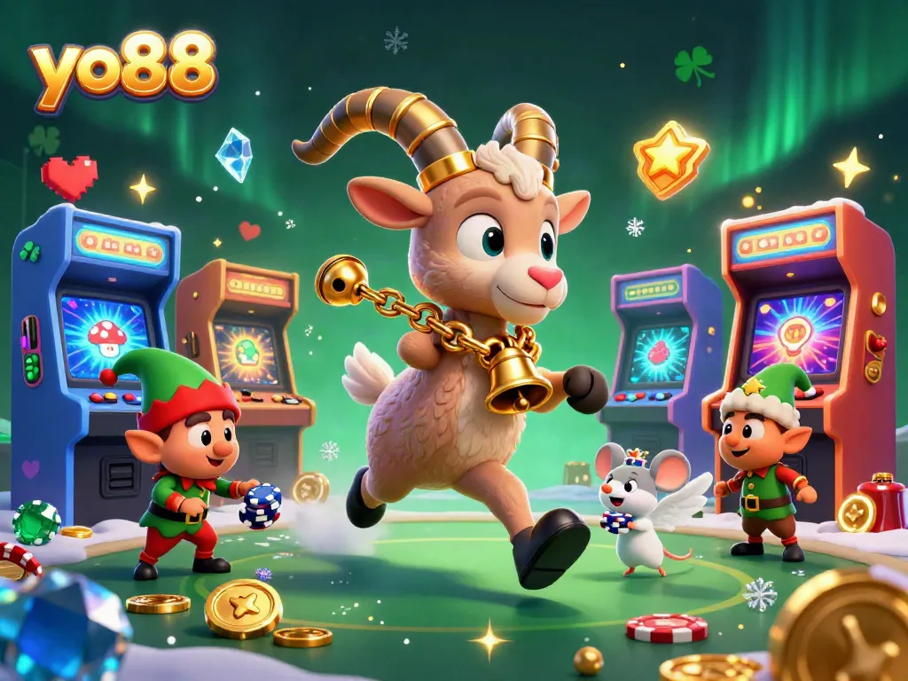 Engage with yo88's thrilling casino scene featuring Krampus, an angel mouse, and gremlins amidst festive gaming chaos.