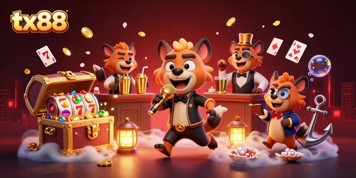 Experience the vibrant world of tx88 casino with hyenas in a comedy club surrounded by dazzling gaming elements.