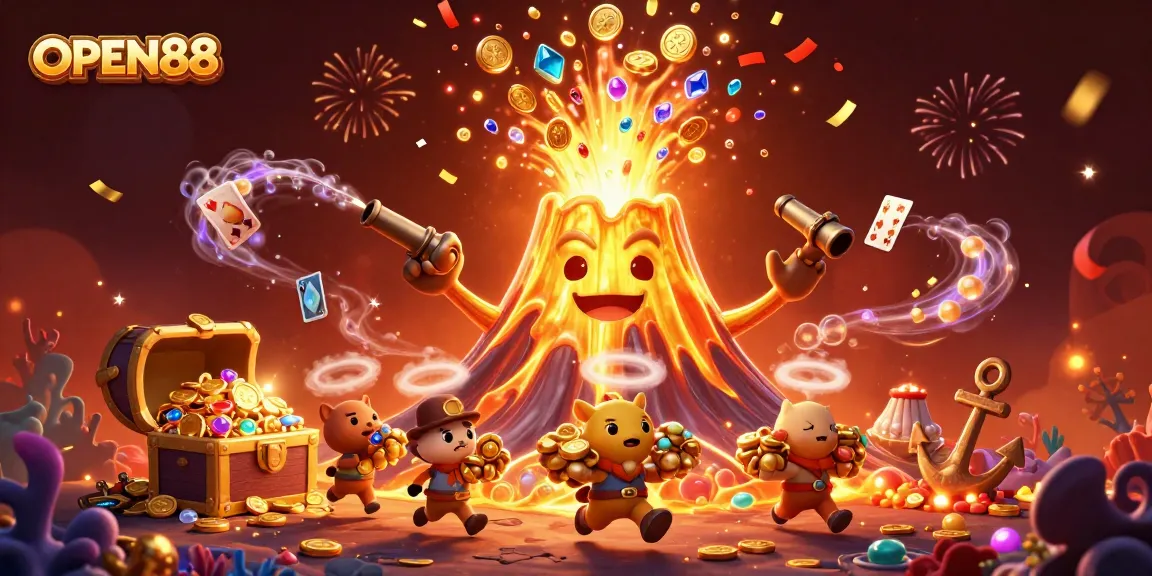 Engage with OPEN88’s vibrant casino experience featuring an erupting golden volcano and treasure.