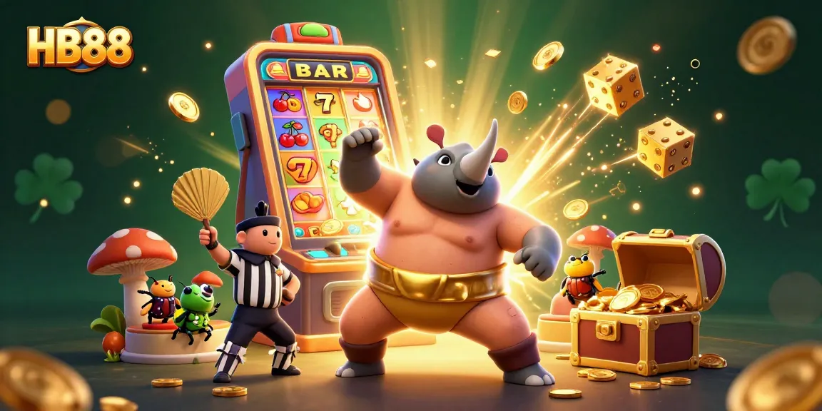 Experience the thrilling HB88 casino excitement with our colorful 3D illustration showcasing a sumo champion beetle amidst jackpot chaos.