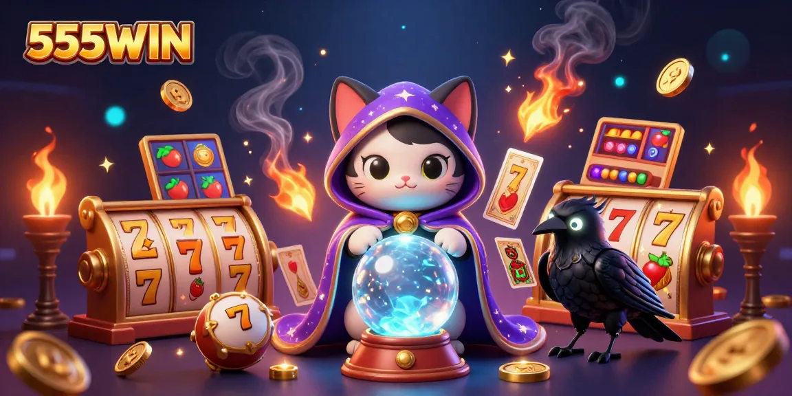 Experience thrilling gaming with 555WIN as the mystic fortune teller cat guides you through exciting slot adventures.