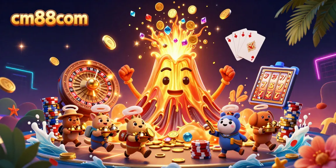 Experience thrilling wins at cm88com with a dynamic 3D casino scene featuring a golden volcano, treasure, and spinning roulette.