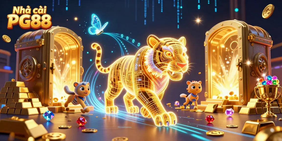 Play casino games at Nhà cái PG88 with an enchanting 3D scene featuring a glowing tiger and treasures.