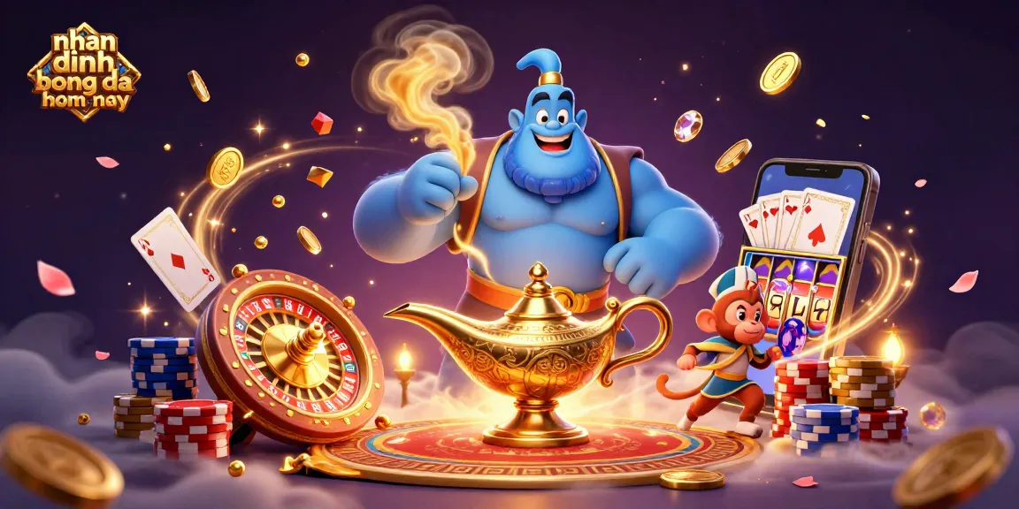 Engaging scene depicting "nhan dinh bong da hom nay" with 3D genie, monkey, and casino elements bursting with energy.