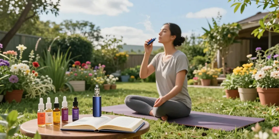 thc vape juice and CBD wellness products displayed in outdoor garden setting promoting natural health.