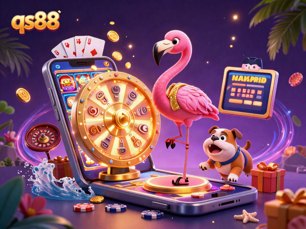 Spin the giant prize wheel of qs88, featuring exciting games, vibrant characters, and bold casino elements.