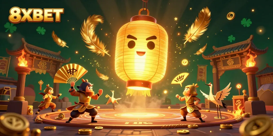 Experience the vibrant action of 8XBET with a glowing lantern spirit and dynamic casino elements.