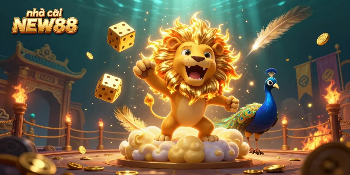 Experience the thrill of nhà cái NEW88 in this vibrant casino-themed 3D illustration with dynamic game elements.