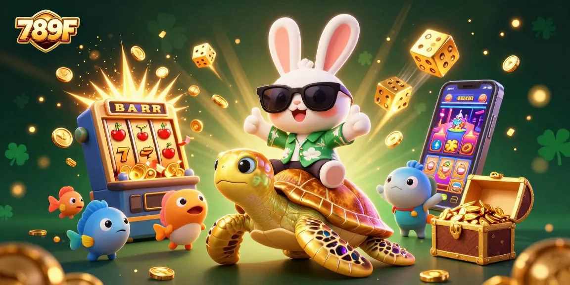 Engage in thrilling gaming action with 789F, showcasing a cartoon rabbit and turtle amidst vibrant casino symbols.